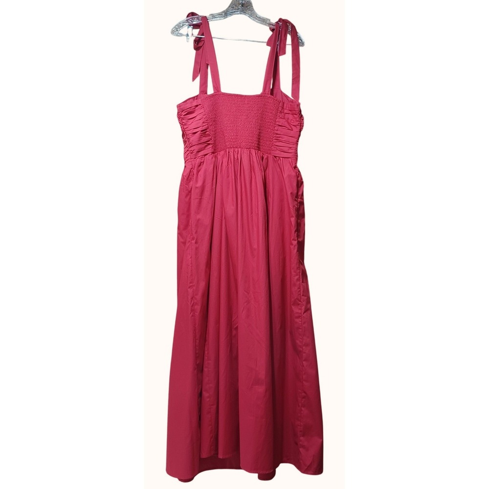 A&F Womens L Red Tie Shoulder Smocked Maxi Dress NWT Wedding Shower Guest Brunch - Picture 3 of 9